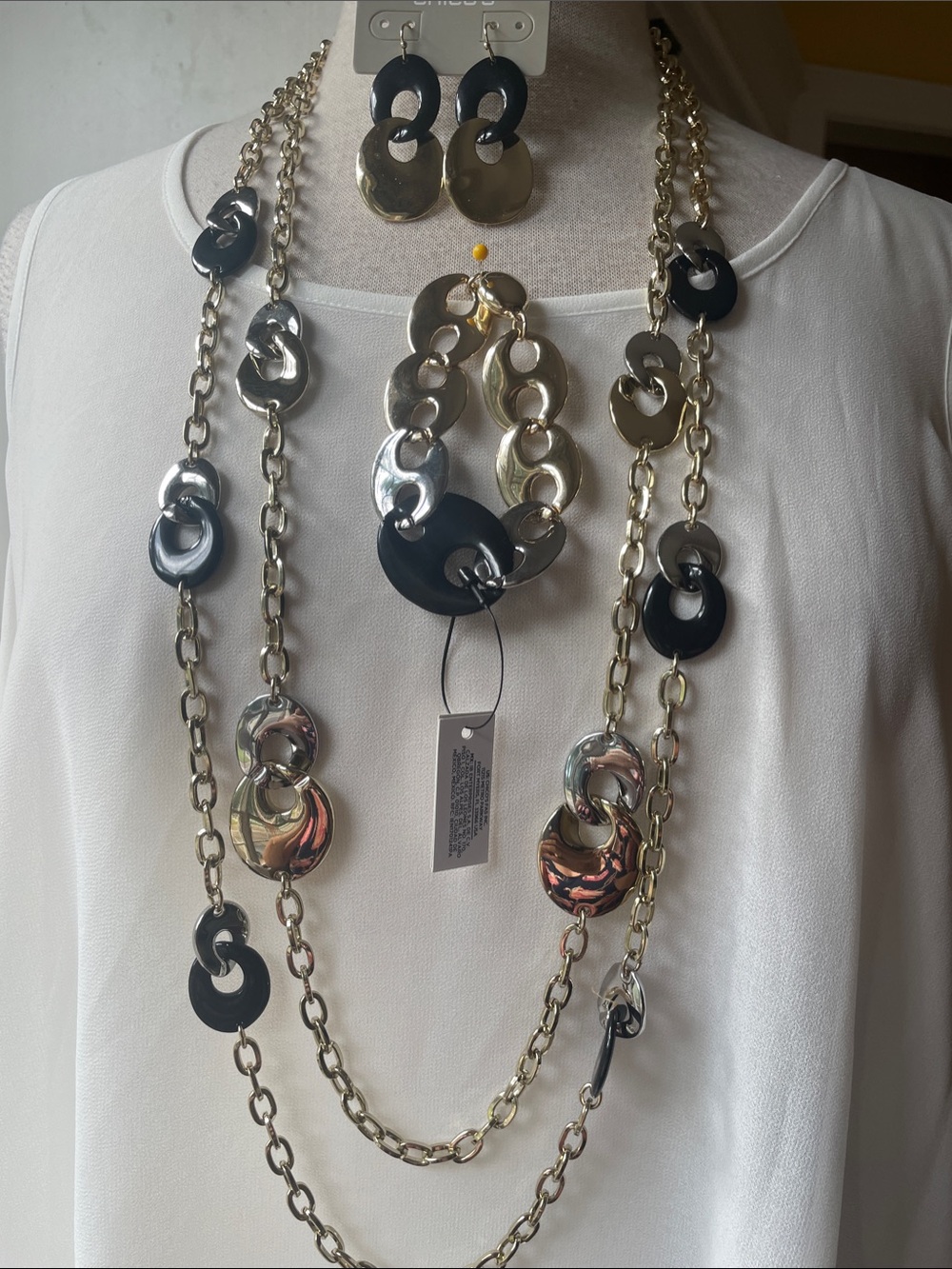 Chico's Black& Gold Multi-Layer Disc Chain Necklace, Bracelet with Earrings NWT